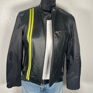 Wilsons Leather Motorcycle Black Jacket with Bright Green Accents